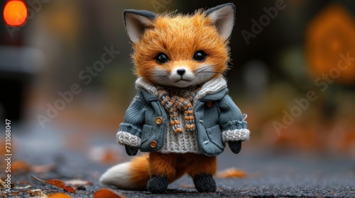 a close up of a small toy fox wearing a jacket and scarf on a street with a traffic light in the background.