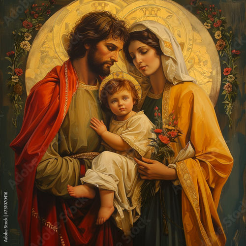 Représentation traditionnelle de la Sainte Famille, avec Joseph, la vierge Marie, et Jésus Christ enfant avec des auréoles autours de chacun. Peinture sur bois