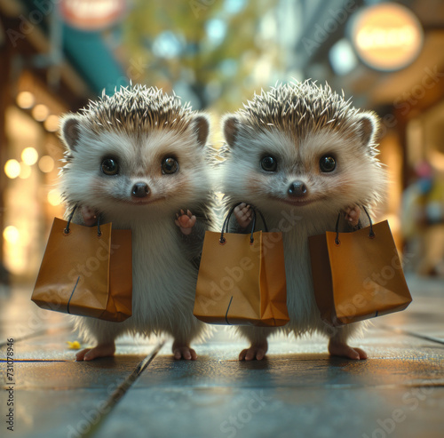 Two hedgehogs are walking down the street with shopping bags in the city. 3d render.