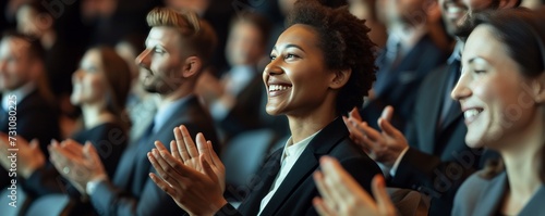 Business colleagues smiling and applauding at a conference event held in a convention center.