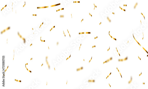 Abstract luxury golden confetti glitter and zigzag ribbon falling down on transparent background. Holyday, festive and celebration background.