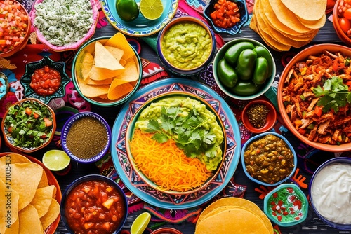 Colorful and vibrant Mexican feast with tacos, guacamole, nachos, and assorted salsas on a festive table.