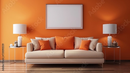 Living room style, beige sofa and orange pillows near table lamps with orange walls a blank poster frame. Scandinavian Modern living room interior with minimal decoration