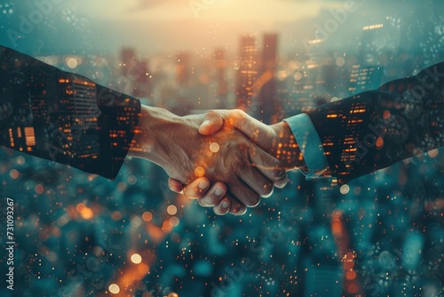 Alliance forged A close-up of a business handshake A fusion of trust and mutual goals against a cityscape