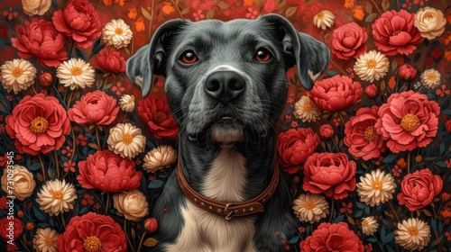 a painting of a black and white dog in a field of red and white flowers with a brown leather collar.