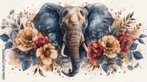 a watercolor painting of an elephant with flowers on it's head and tusks on its tusks.