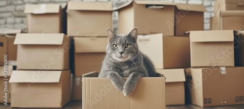 Donation concept cat sitting in cardboard box among stack of boxes in new home, moving day