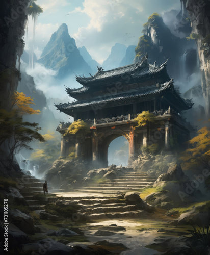  a mountain with a waterfall and pagodas in the background fantasy