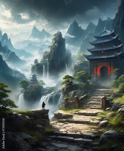  a mountain with a waterfall and pagodas in the background fantasy