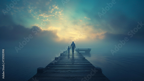 A child and their parent holding hands, walking along a misty pier at dawn, with copy space, dynamic and dramatic composition, with copy space