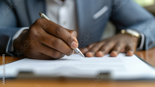 close-up of an elderly person's hands holding a pen, poised to sign a document.