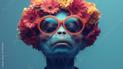 a monkey with a flower crown on its head and glasses on it's head, with a blue background.