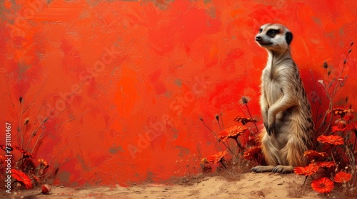 a painting of a meerkat sitting in front of a red wall with red flowers in front of it.