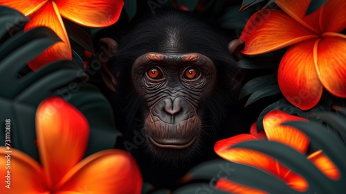 a close up of a monkey surrounded by leaves and flowers with a flower in the foreground and a flower in the background.