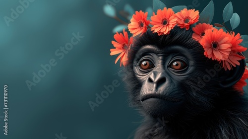 a close up of a monkey with flowers in its hair and a flower in it's hair with leaves on it's head.