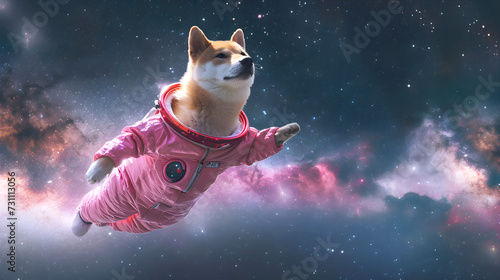 Akita Inu dog in a pink space suit soars in the starry galaxy. Futuristic future