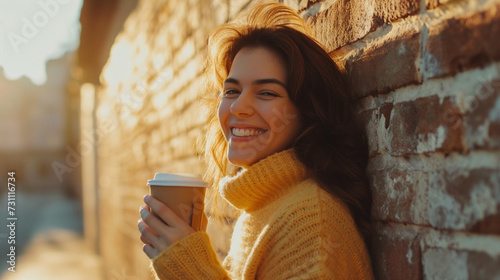 Cheerful young woman on winter morning street holding and sipping a cup of hot coffee on the background of industrial brick wall, with copy space.