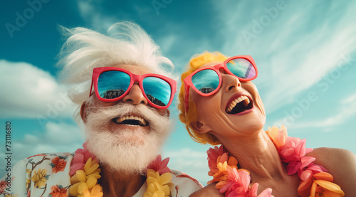 Un couple senior, amoureux, avec des lunettes de soleil, sur une plage sous un beau ciel bleu d'été.