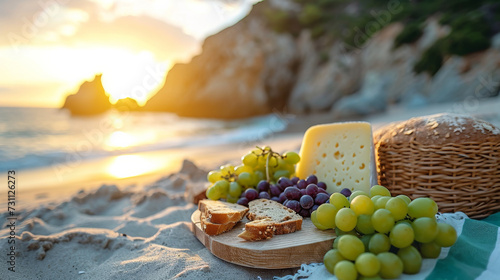 Grapes, cheese and bread on a wooden board on the beach at sunset