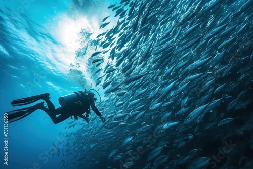 Person Scubas in Water Surrounded by Fish