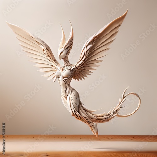 Fantastic Wooden Creatures Series - Carved Wooden Angel Sculpture on neutral background
