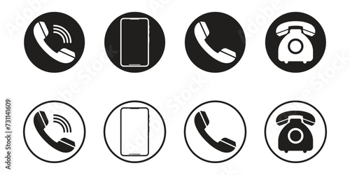 Communication icons, a smartphone, a home phone handset, and the home phone itself.