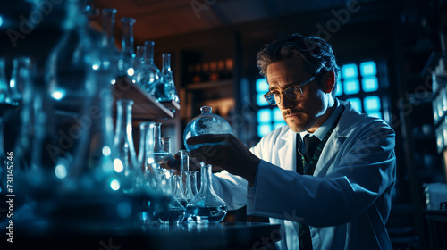 A male scientist holding medical glass bottle doing biochemical laboratory for healthcare and medical concept.