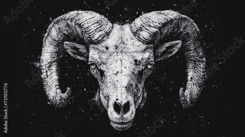 A skull of a ram with horns on a black background. 3d rendering. Grunge background with skull of a goat. Vector illustration.