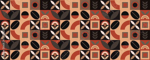 Geometric pattern design coffee orange color. Pattern for coffee packaging, banner, card, flyer. Seamless pattern with elements of coffee beans and geometric shapes. Vector pattern, design elements.
