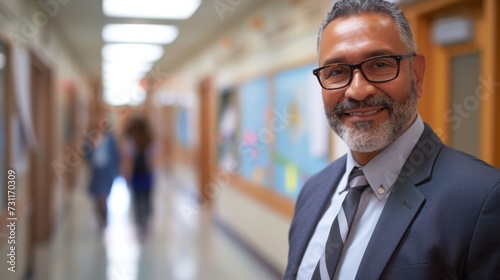 School principal in a bustling school corridor