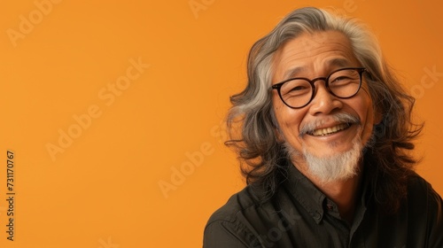 The image is a portrait of an older man with a beard and mustache smiling warmly at the camera. He has gray hair and is wearing glasses. The background is a solid warm orange color.