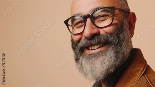 Smiling man with gray beard and glasses wearing brown leather jacket against soft-focus beige background.