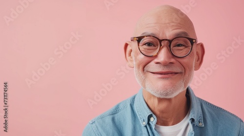 A bald man with a gray beard and mustache wearing glasses smiling and dressed in a light blue shirt with a white undershirt against a pink background.