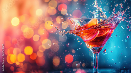 Cocktail in Martini glass with splash, frozen motion effect, on colorful bright bokeh background