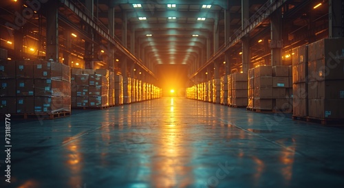 The towering stacks of boxes in the dimly lit warehouse create a maze-like atmosphere, as the city's lights twinkle through the ceiling, reflecting off the polished floor and illuminating the night