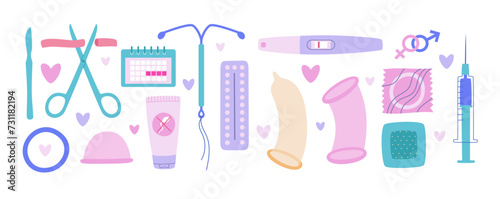 Different types of contraceptives. Birth control set. Flat vector illustration