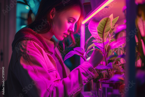 Girl taking care of plants under led uv light - sustainable lifestyle