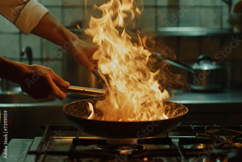 chef is stirring the flame in a fry pan on an open bu
