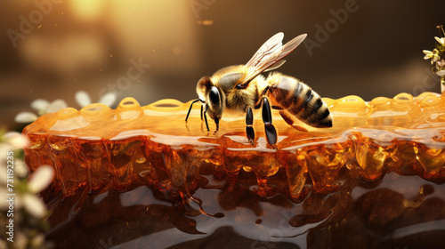 Bee on honey. Closeup view.