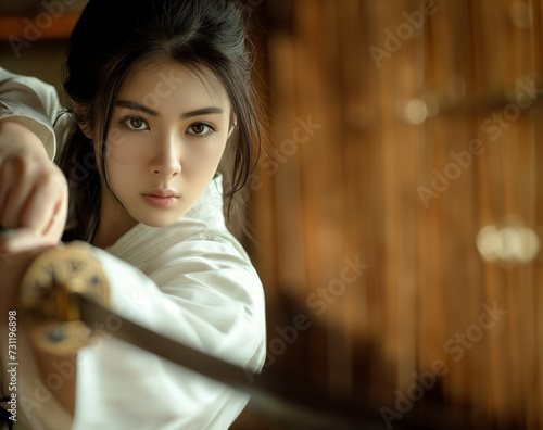 Asian Japanese combat or ninja girl wearing white gi and holding a sword, copy space in background