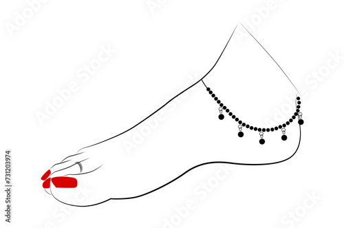 Indian married woman feet with anklet and Teo ring line drawing isolated on white background - vector illustration