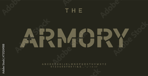 Military stencil alphabet, armory letter set, combat font for striking logo, impactful headline, tactical typography, bold typographic identity. Vector typeset.