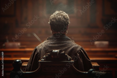 A solitary man sits in a wooden bench, surrounded by the imposing statues and solemn atmosphere of the courtroom