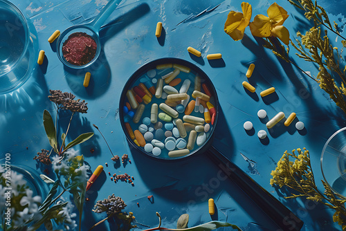 magnifying lens with different medicines and pills on