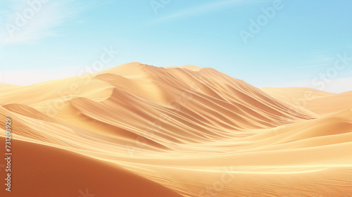 Craft an illustration showcasing a vast expanse of sand dunes under a clear, blue sky The wind-sculpted ridges of the dunes create a rhythmic pattern that flows across the landscape, embodying