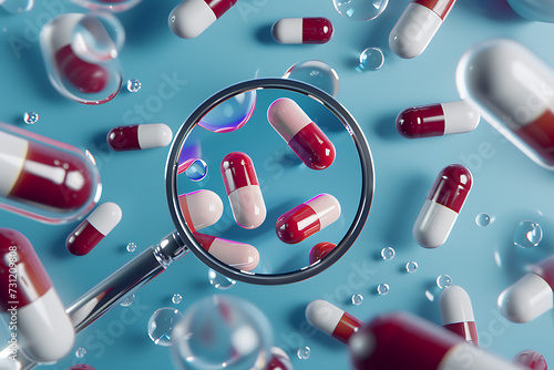 medicines under magnifying glass in