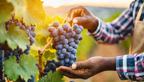 farmer hands delicately plucking ripe grapes in the golden glow of sunrise, epitomizing the bountiful harvest and labor of farming