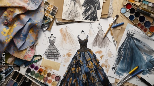  An overhead illustration featuring various fashion dress sketches arranged alongside fabric swatches and a color palette in a workshop setting.