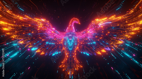 visualize a majestic phoenix rising from the ashes, its form composed entirely of glowing circuitry and digital lines This cybernetic bird spreads its wings wide, illuminating the surrounding d