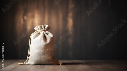 A textured burlap money bag tied with a string on a rustic wooden table